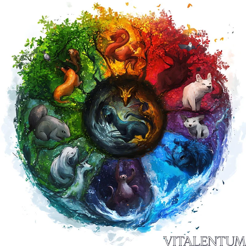 Animals in a Circle of Elements AI Image