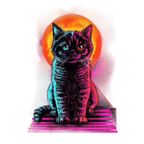 Black Cat on Pink Pyramid Retro-Futuristic Digital Art POD Design