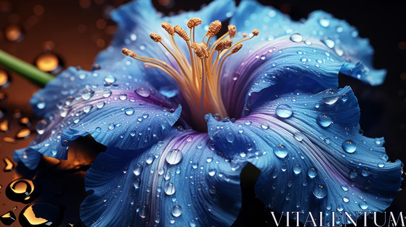 Blue Flower with Water Droplets: A Detailed Botanical Illustration AI Image