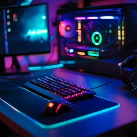 RGB Gaming Setup with Illuminated Keyboard and PC