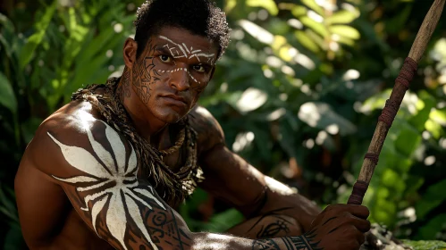 Man with Tribal Markings Holding Staff