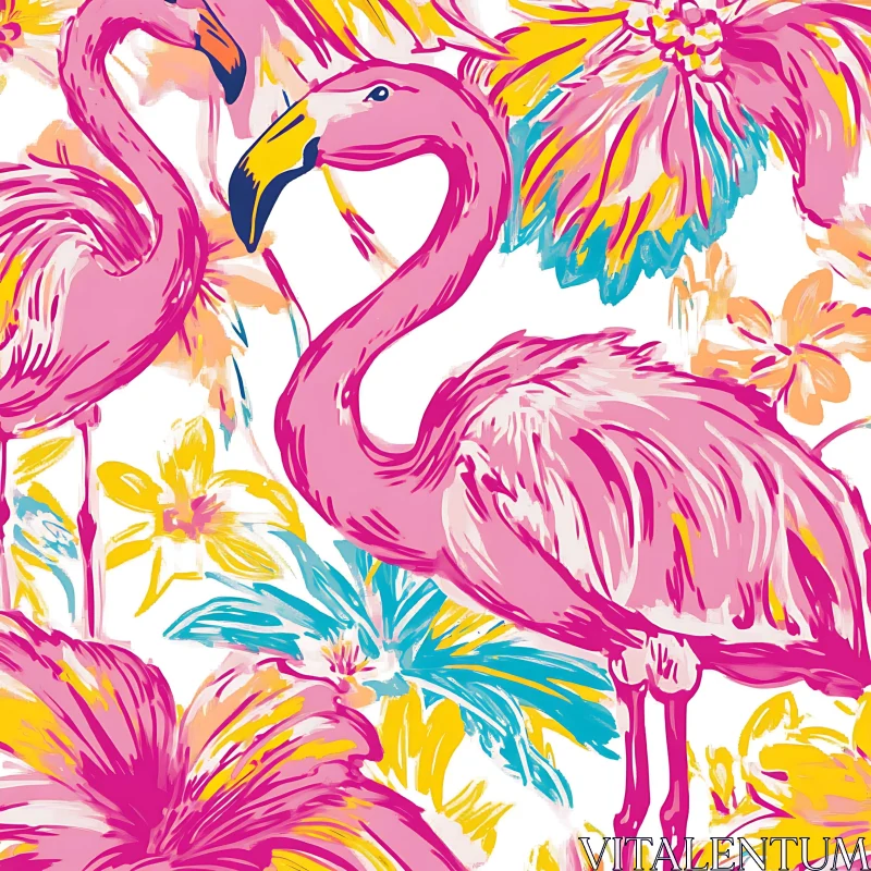 Flamingos and Vibrant Tropical Blooms Artwork AI Image