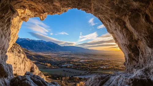 Majestic Sunset Overlooking Mountains from a Cave