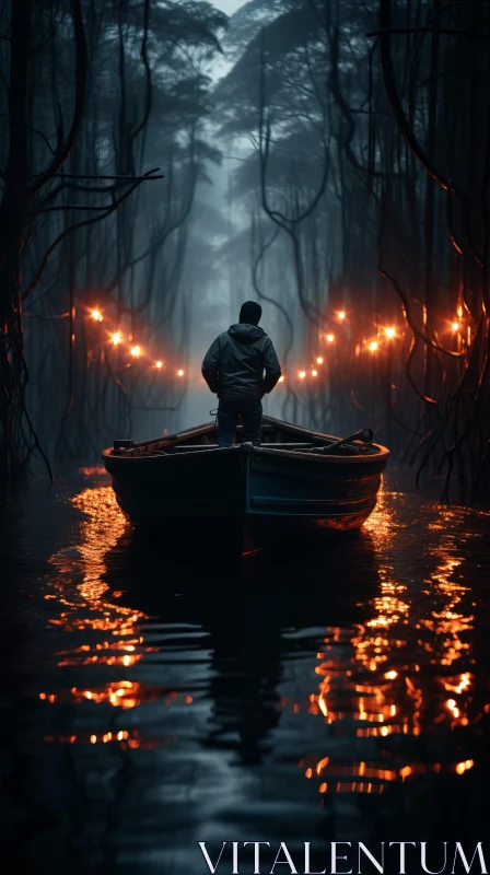 Captivating and Enigmatic: A Man in a Boat Guided by Mysterious Light AI Image