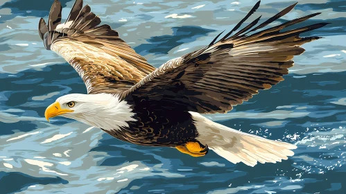 Eagle in Flight Over Ocean Waters