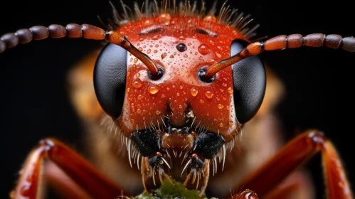 Close-Up Portrait of Red-Eyed Ant with Water Drops