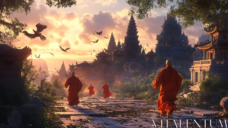 AI ART Sunset Monks Ancient Pagodas