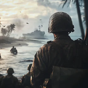 Soldier on Beach, Ship in Distance