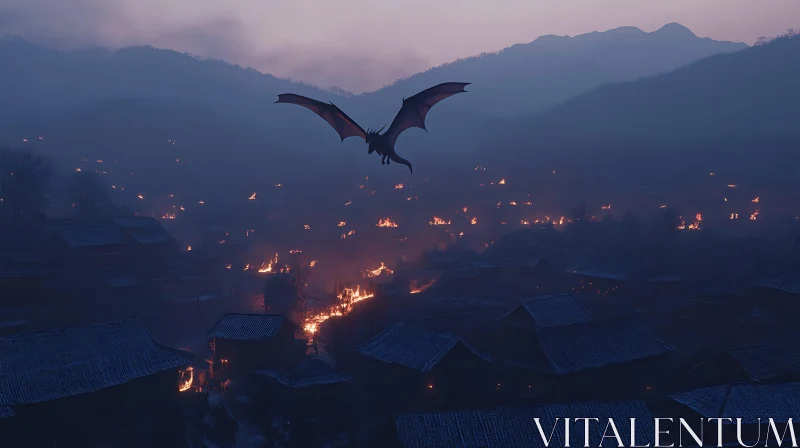 AI ART Dragon Over Burning Village