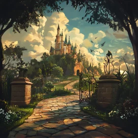 Majestic Castle View Through Stone Gateway