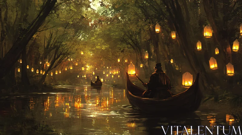 Boats on River with Lanterns AI Image