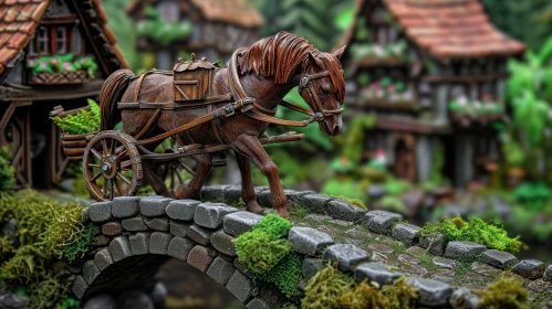 Fantasy Sculpture: Horse with Cart on Wooden Bridge