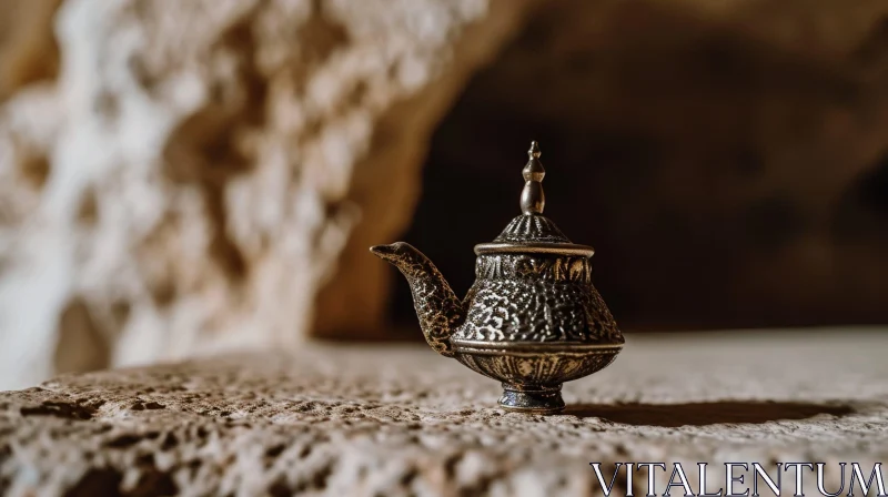 Intricate Silver Teapot on Stone Surface AI Image