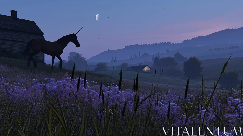 Majestic Unicorn in a Field of Purple Flowers AI Image