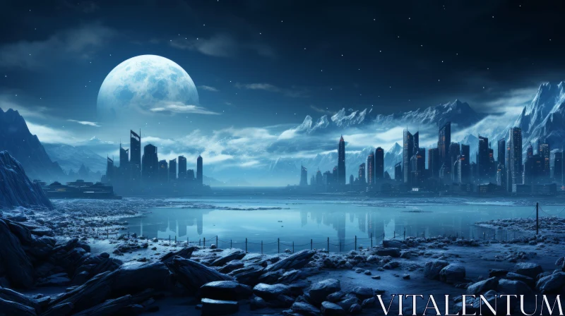 Moonlit Futuristic City: A Fusion of Land and Water AI Image