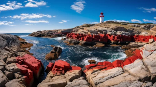 Red Lighthouse on Rocky Shore - A Blend of Canadian and Australian Artistry