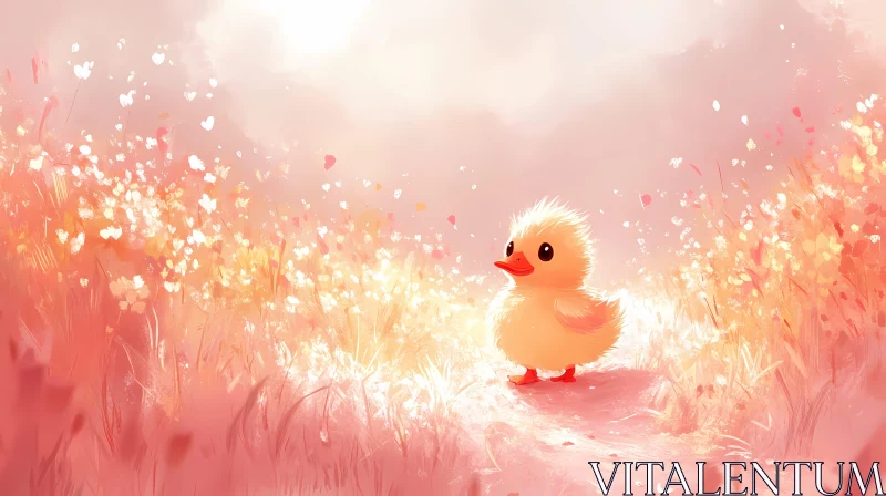 Duckling in Whimsical Flower Field AI Image