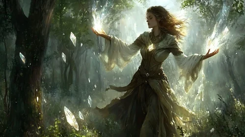 Mystical Forest Scene with Woman and Magic