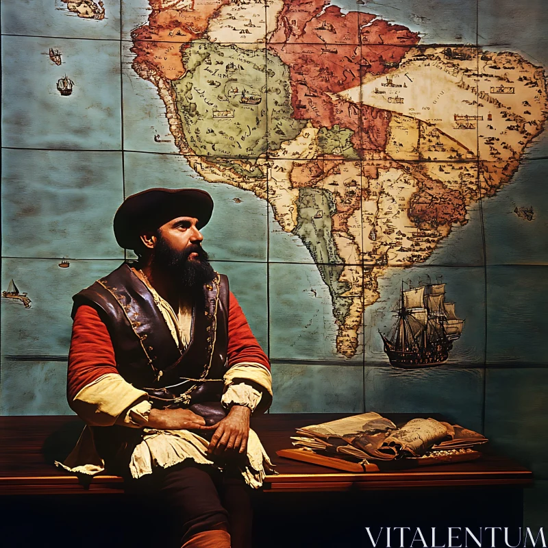 Vintage Man Contemplates South America Map AI Image