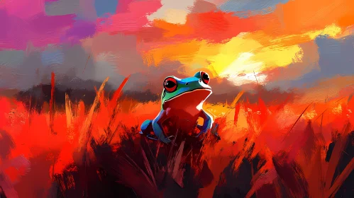 Colorful Frog at Sunset in Artistic Landscape