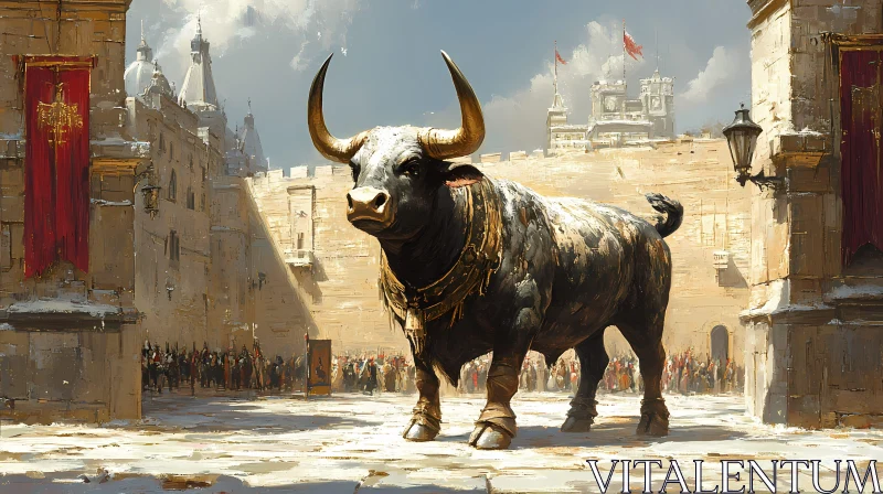 Medieval Courtyard with Mighty Bull AI Image