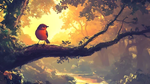 Bird on Branch in Forest Scene