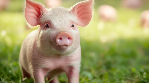 Cute Piglet in Sunlit Grass