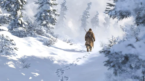 Man Walking in Snowy Winter Forest