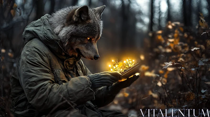 Wolf-Humanoid Holding Luminescent Plant in Woods AI Image