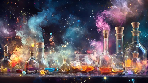 Cosmic Elixirs: Alchemist's Glassware Display