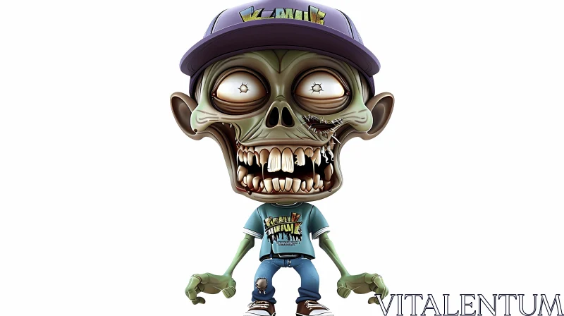 3D Rendered Cartoon Zombie with Green Skin, Purple Cap, and Blue T-Shirt AI Image