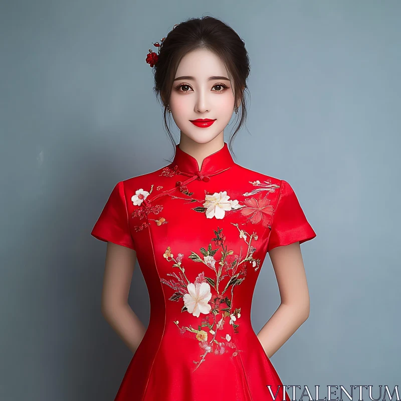 AI ART Woman in Red Dress with Floral Design