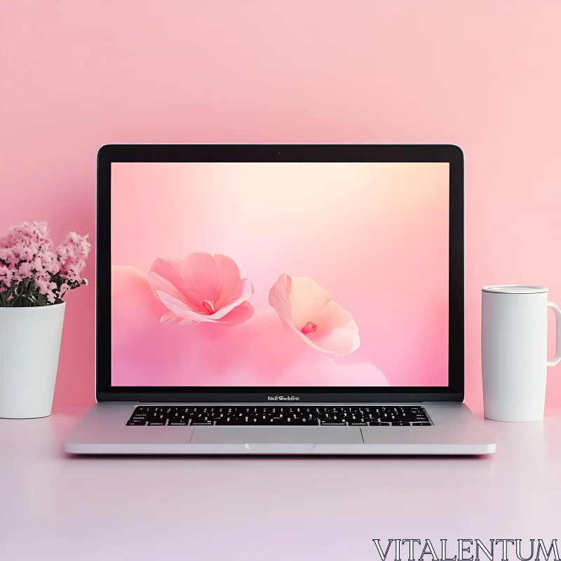 AI ART Minimalist Desk Setup with Pink Flower Wallpaper