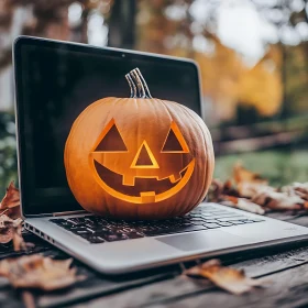 Pumpkin Jack-o'-lantern on Laptop Amidst Fall Leaves