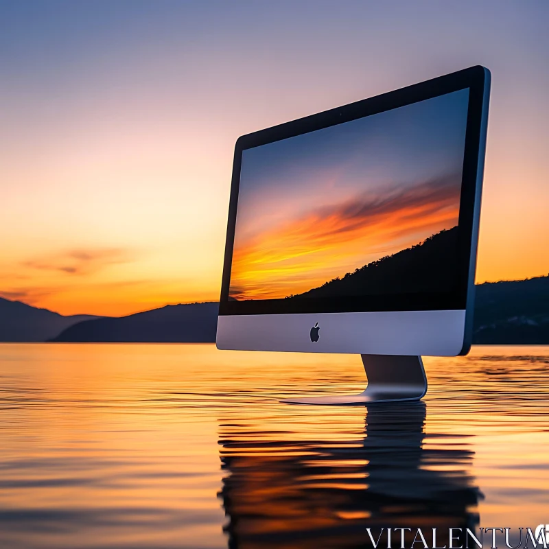 Computer Screen in Water Reflecting Sunset AI Image