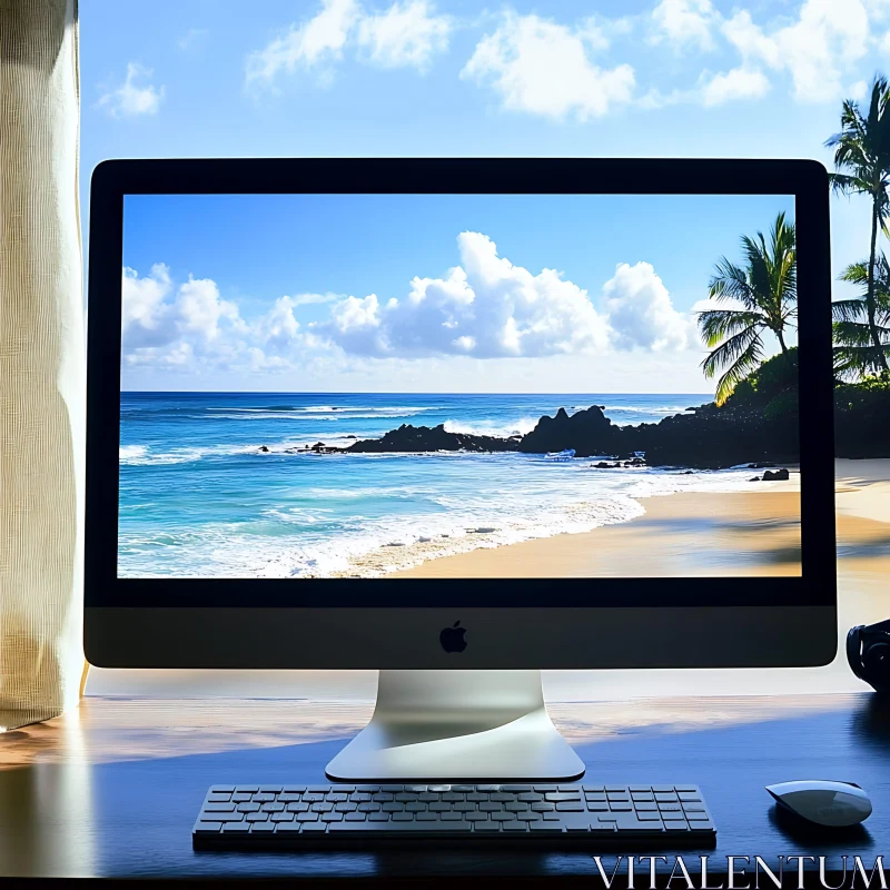 Beach Scene Displayed on Computer Screen AI Image