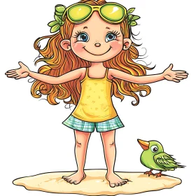 Cartoon Girl and Bird on the Beach