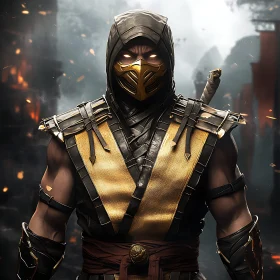 Mysterious Warrior in Gold and Black Armor