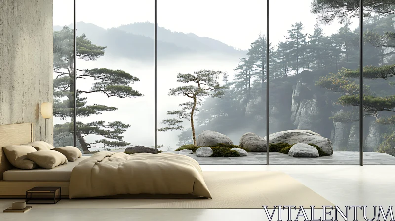 Serene Bedroom with Floor-to-Ceiling Forest Views AI Image