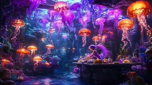 Underwater Bar Scene with Jellyfish and Mermaid