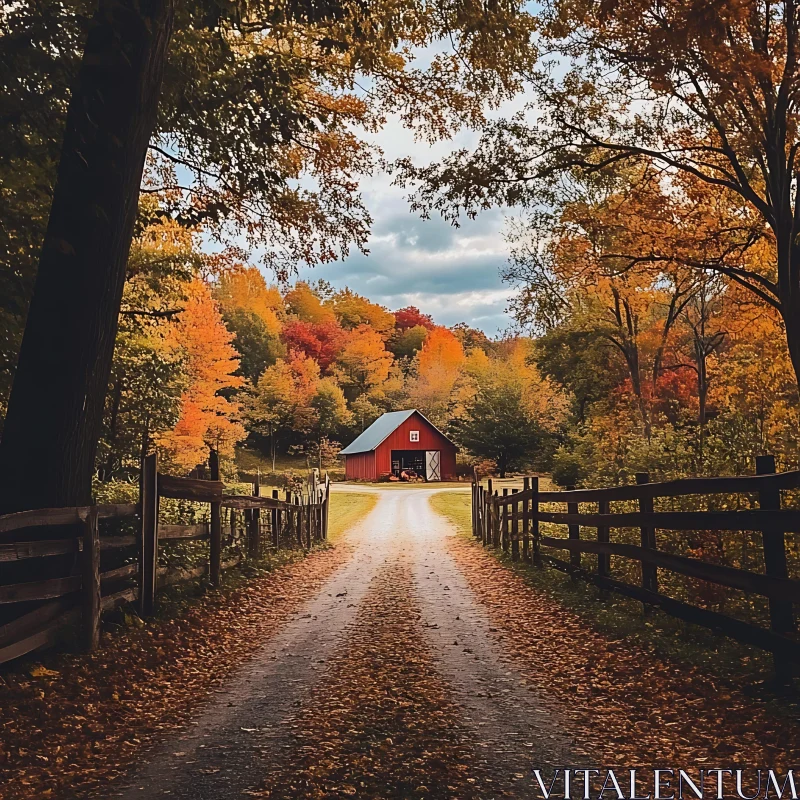 Country Path Leading to Red Barn in Autumn AI Image