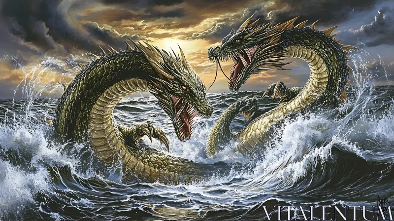 AI ART Fearsome Dragons Battle in the Stormy Sea