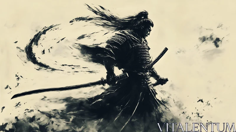 AI ART Monochrome Samurai Illustration with Dual Swords