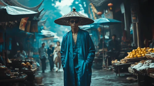 Teal Asian Market Scene with Figure