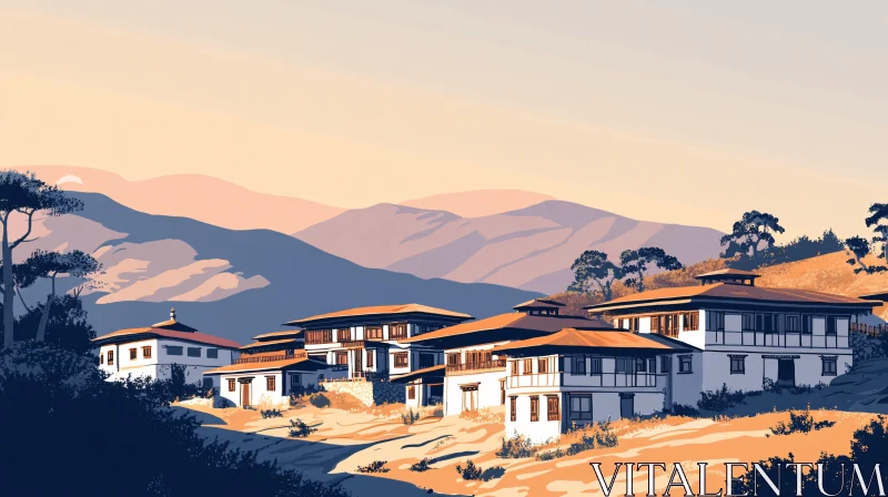 AI ART Tranquil Bhutanese Architecture Mountain View