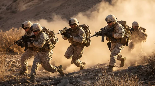 Military Unit Advancing in Arid Environment