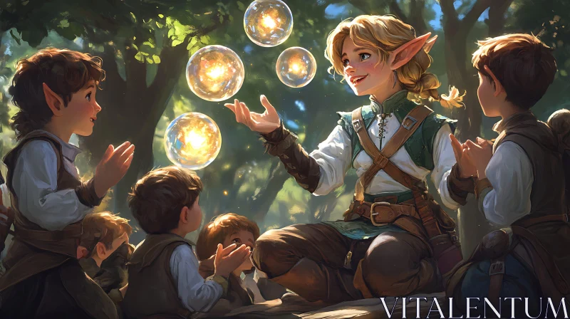 AI ART Enchanting Elf with Bubbles in the Forest