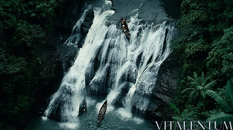 Canoeing in a Lush Forest Waterfall Scene AI Image