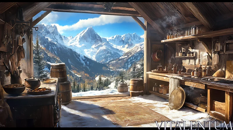 Winter Kitchen Scene with Mountain Backdrop AI Image