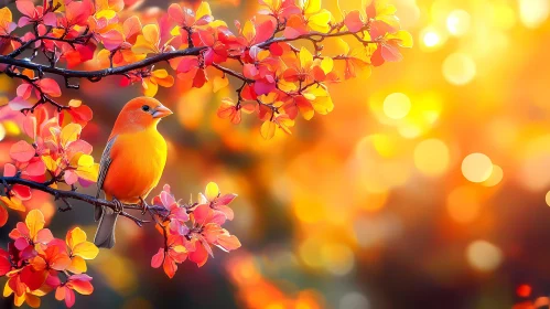 Orange Bird on Autumn Branch